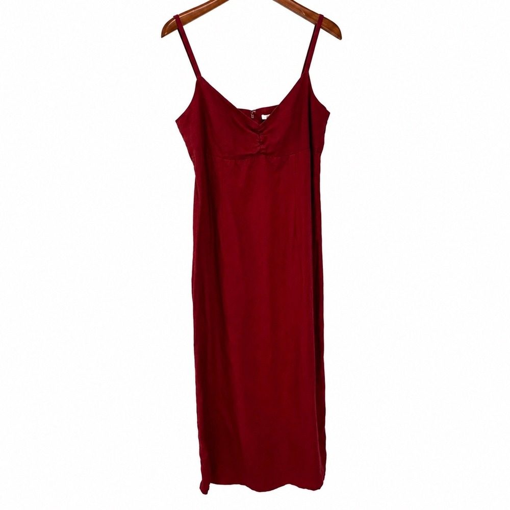 Old Navy 100% Linen Midi Dress Red Sleeveless Ruched Bust Size 10